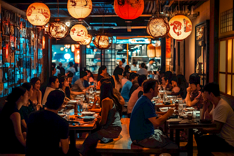 Restaurante movimentado com iluminação decorativa e clientes jantando