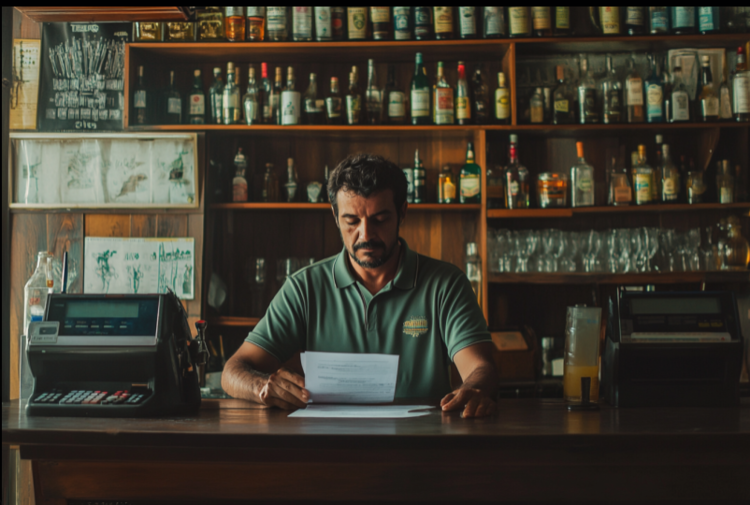 Bartender revisando documentos atrás do balcão de bar