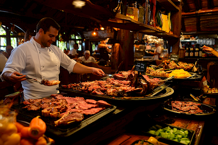 Churrascaria com buffet de carnes e chef servindo clientes