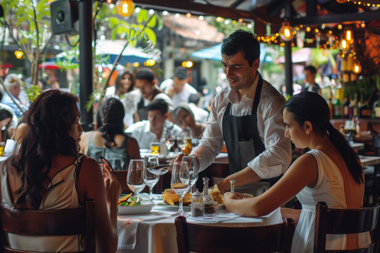 Garçom servindo clientes em restaurante ao ar livre