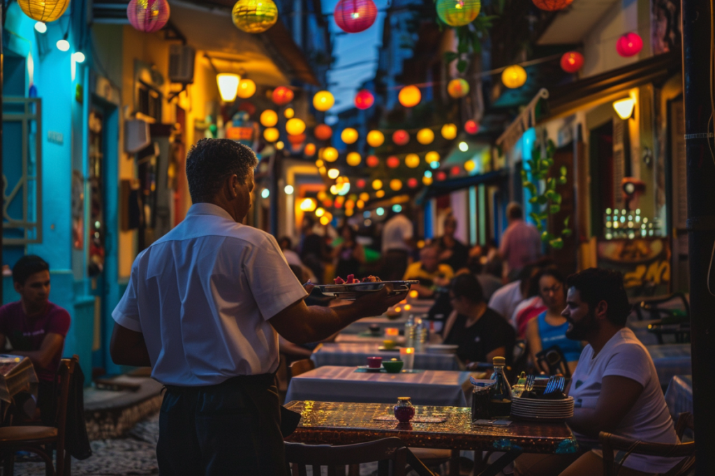 Ambiente noturno em bar com mesas ao ar livre e iluminação decorativa