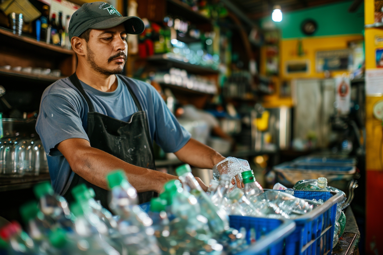 Trabalhador organiza garrafas para reaproveitamento em bar