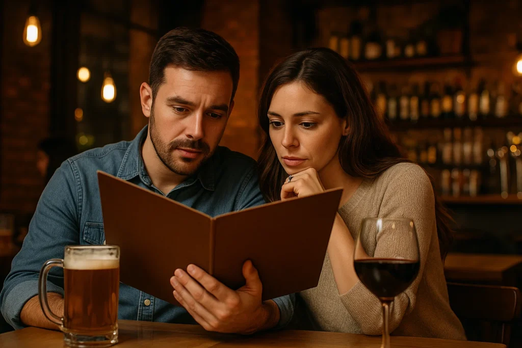 Casal em restaurante escolhe o cardápio enquanto aprecia uma taça de vinho