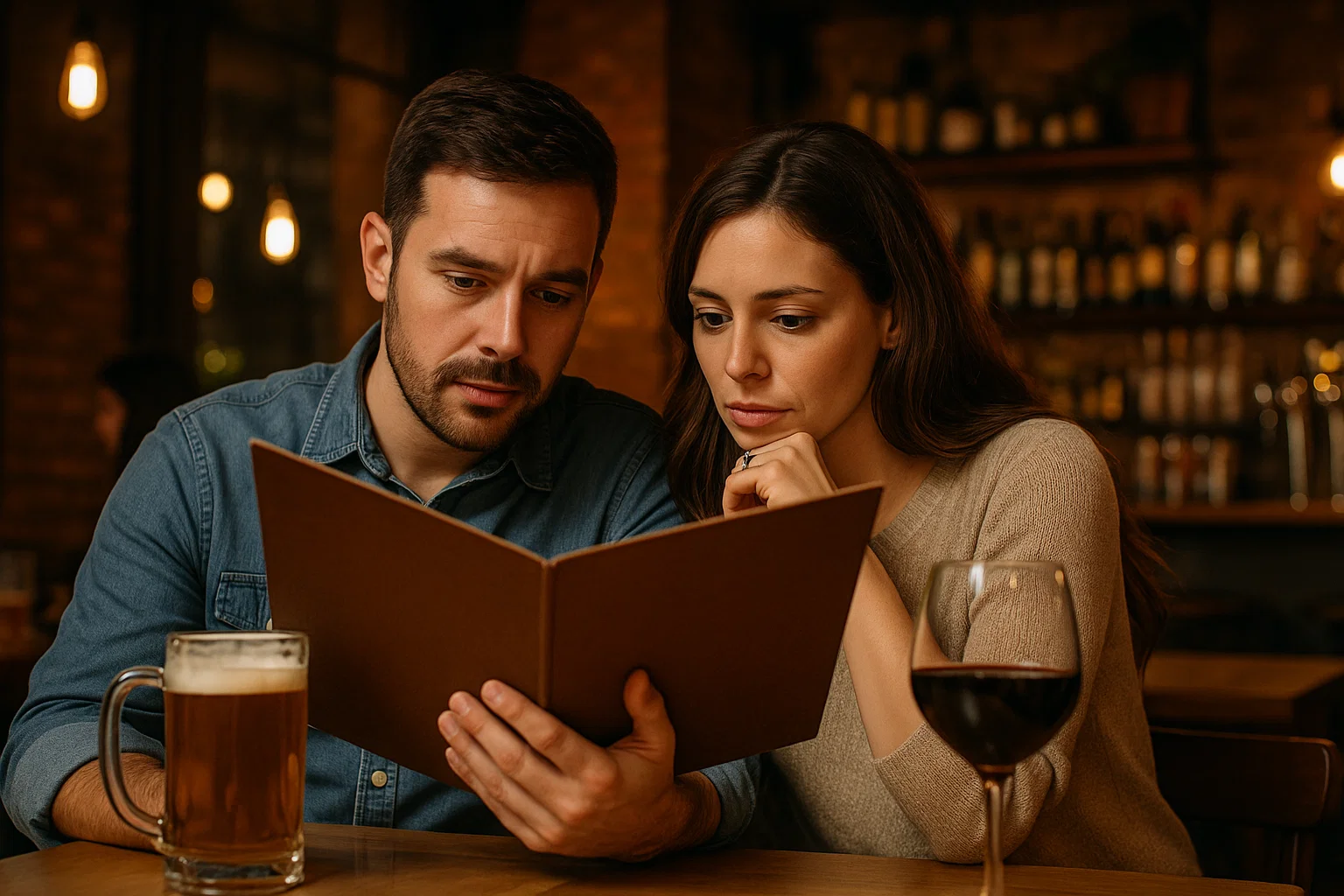 Casal em restaurante escolhe o cardápio enquanto aprecia uma taça de vinho