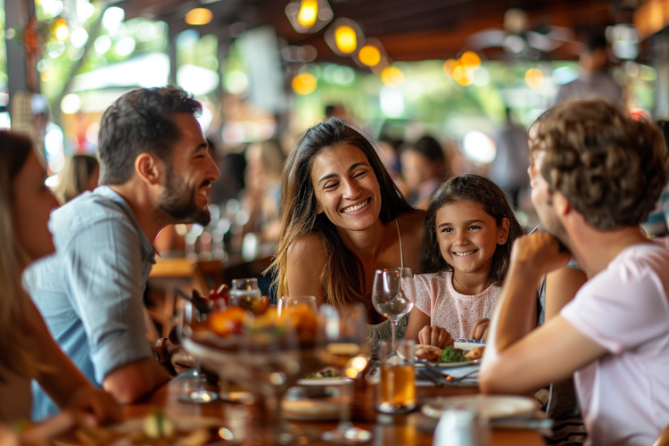 Família se diverte em mesa de restaurante durante momento de lazer