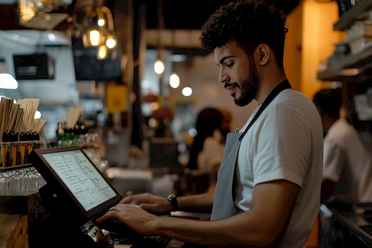 Atendimento em restaurante com uso de sistema digital no balcão