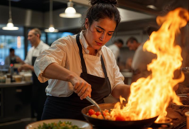 Profissional prepara prato em cozinha de restaurante